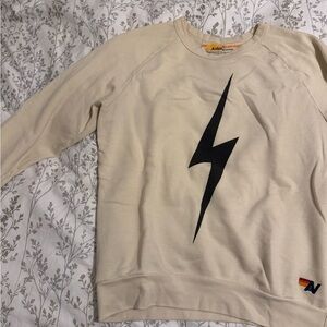 Aviator Nation Cream Crewneck with Black Lightning Bolt